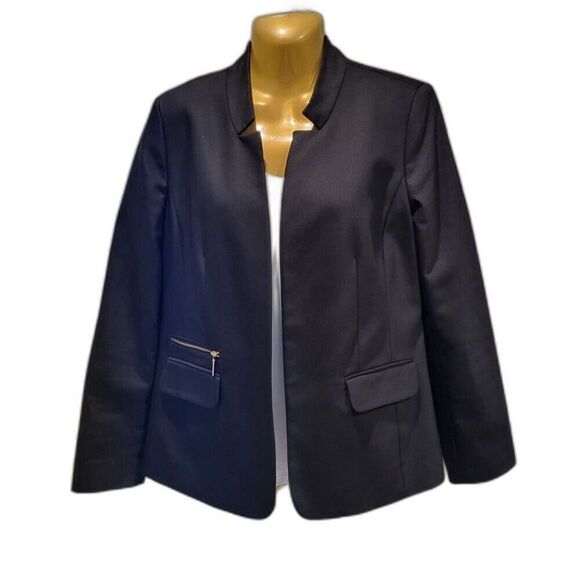 Chico's Size 0 (X-Small) Black Cotton Blend Jacket Black / White Striped Lining - Picture 2 of 13